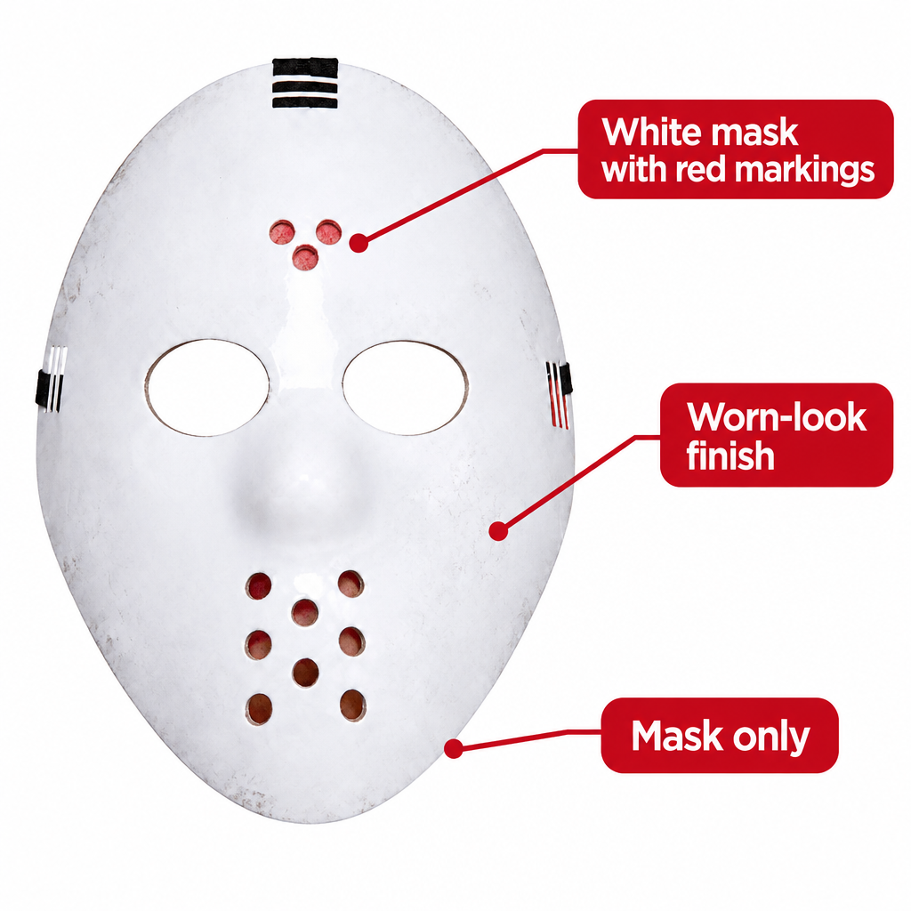 White hockey mask beside callouts for red markings, worn-look finish and mask-only contents