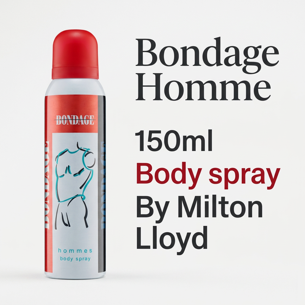 Bondage Homme body spray beside text identifying the 150ml size and Milton Lloyd brand.