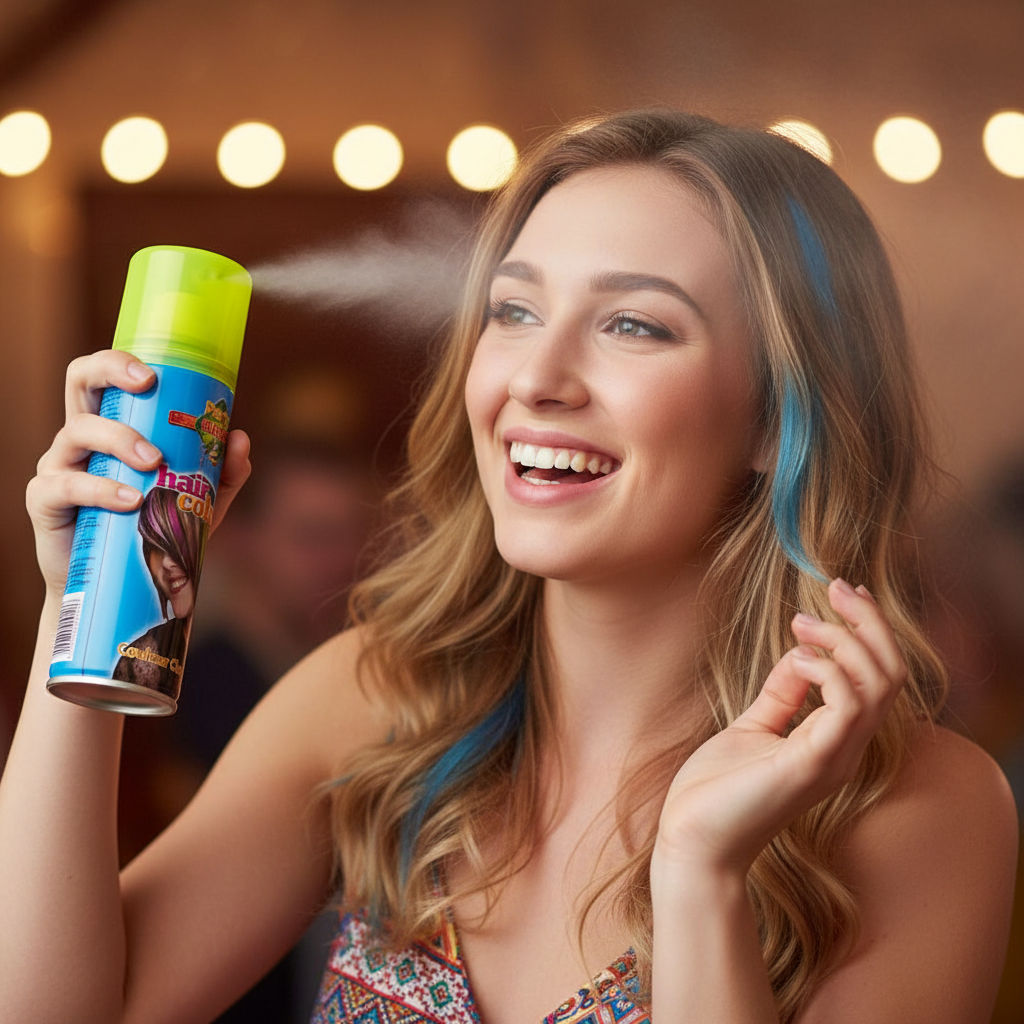 Young woman candidly applying Party Success Fluorescent Yellow Hair Colour Spray to her hair while getting ready for a party