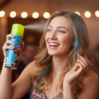 Young woman candidly applying Party Success Fluorescent Yellow Hair Colour Spray to her hair while getting ready for a party