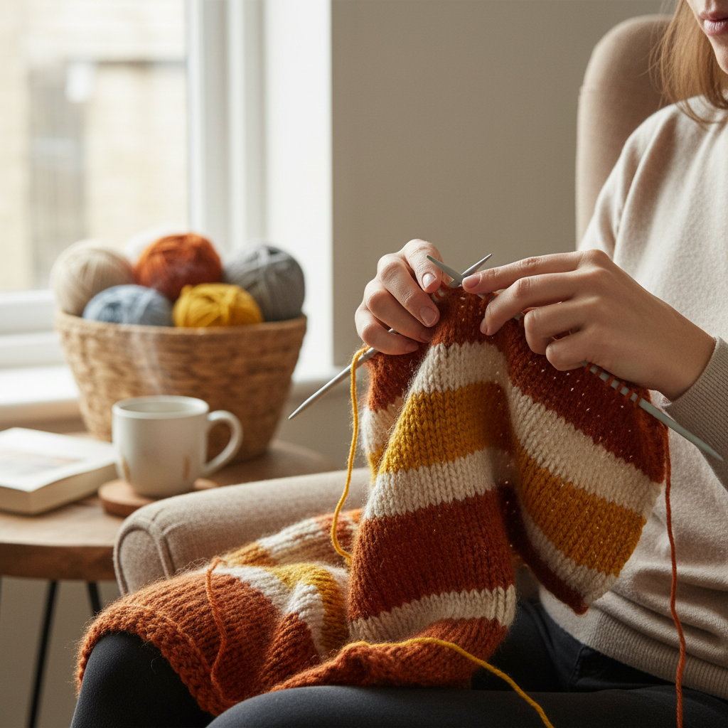 Close-up of hands knitting with Ashley Housewares needles creating cozy scarf in warm autumn yarn colors