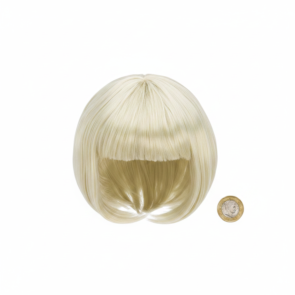 Diva blonde bob wig beside a £1 coin on white background showing product size — flat lay