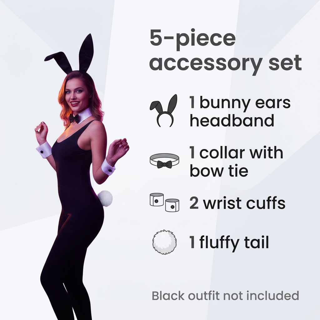 A promotional graphic for a 5-piece bunny costume accessory set. On the left, a woman models a black bunny ears headband, white wrist cuffs, and a white fluffy tail.