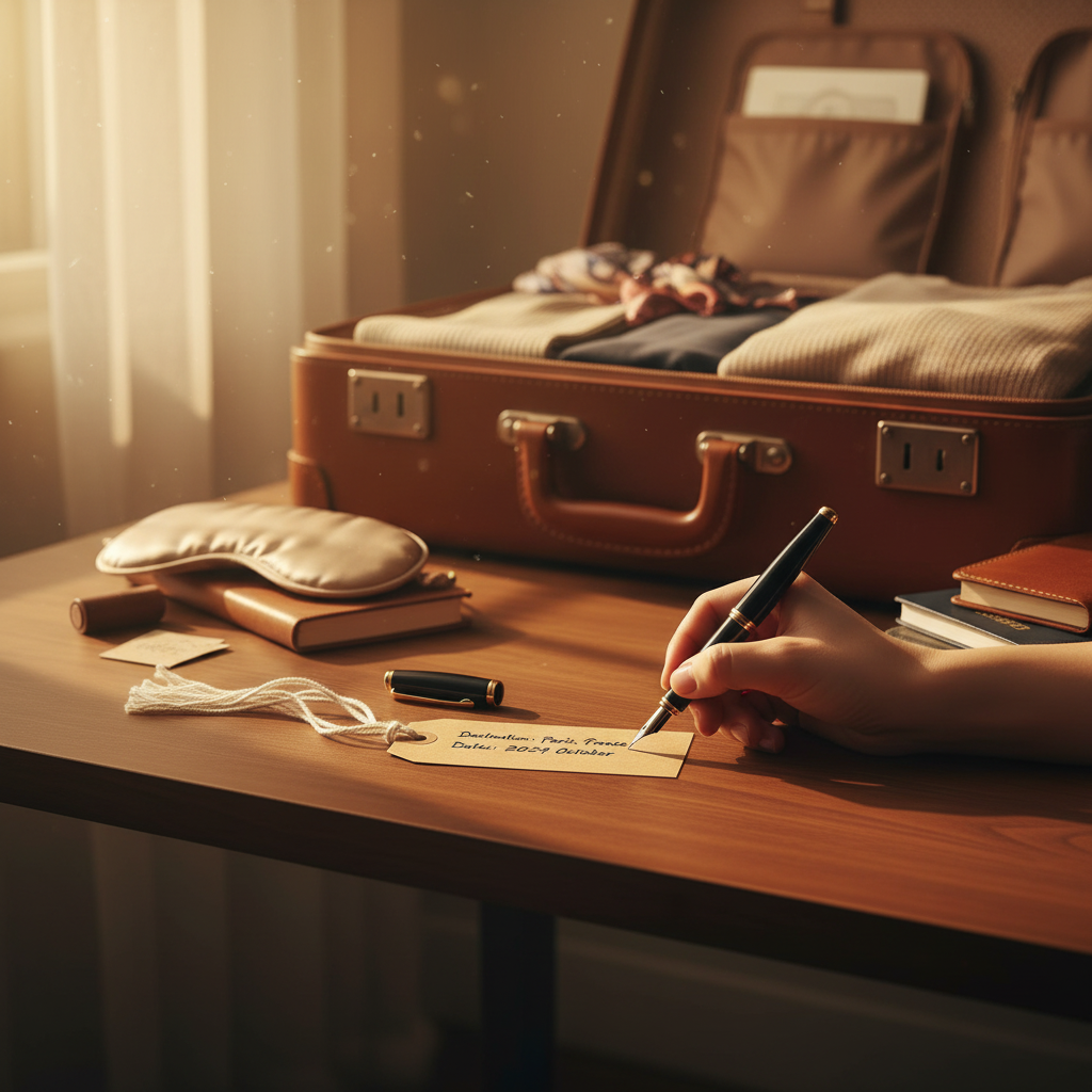 Kraft brown luggage label being written on with a fountain pen tied to a vintage suitcase in warm golden hour light