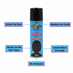 Party Success Black Temporary Hair Colour Spray 125ml infographic showing key features: 125ml full size, washes out easily, works on all hair types, instant black coverage, no ammonia