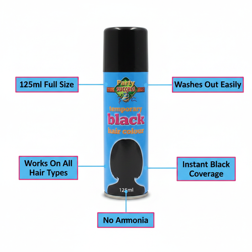 Party Success Black Temporary Hair Colour Spray 125ml infographic showing key features: 125ml full size, washes out easily, works on all hair types, instant black coverage, no ammonia