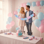 Expectant couple hanging Boy or Girl banner at gender reveal party with pink and blue decorations