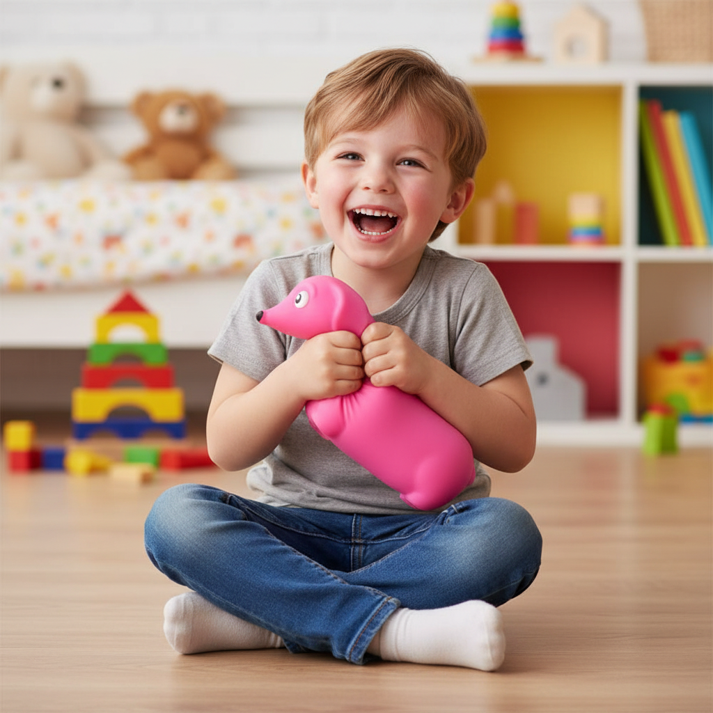 Child squeezing and hugging hot pink squishy dachshund sausage dog squeeze toy in playroom