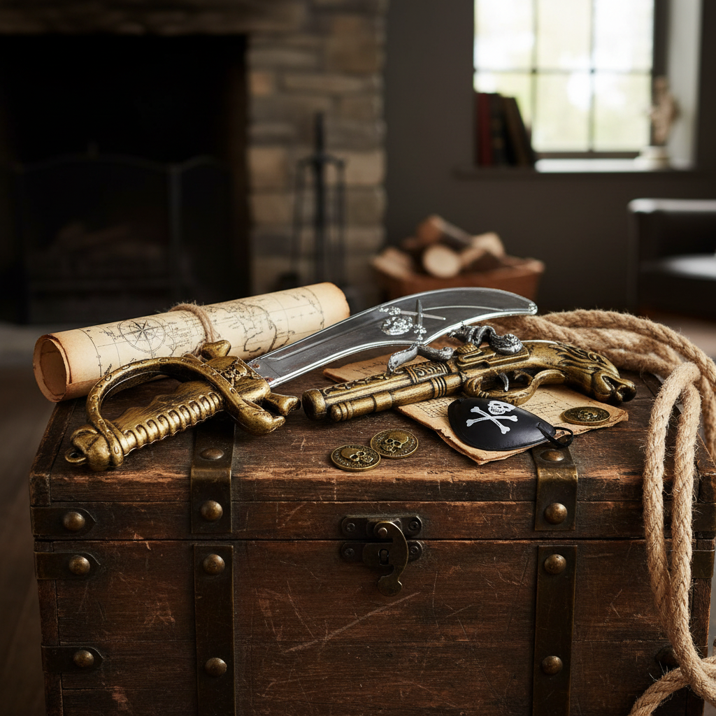 Pirate fancy dress set with sword, pistol and eye patch arranged on rustic wooden chest with map and rope props