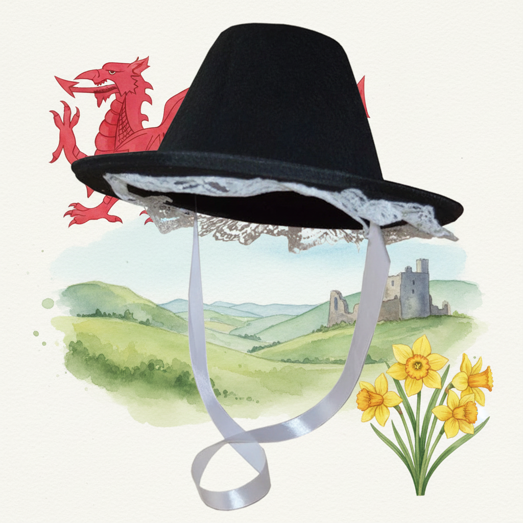 Girls Welsh Traditional Tall Hat Medium with black felt and white lace trim