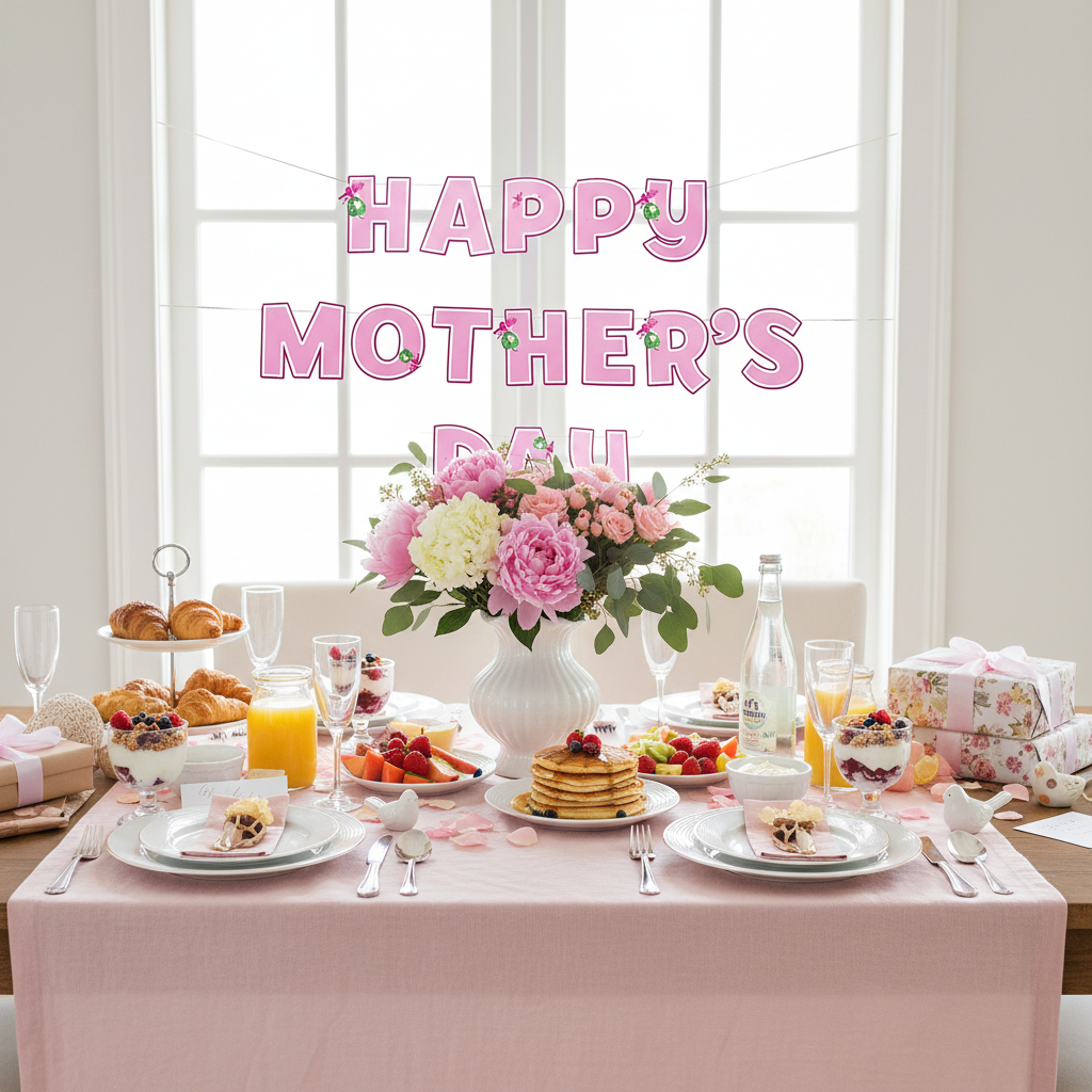 Mother's Day brunch table setting with pink and white celebration banner above