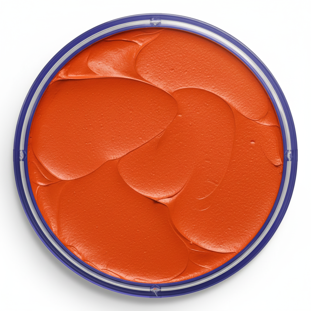 Extreme macro close-up of Snazaroo dark orange face paint surface showing rich pigment texture and smooth creamy finish