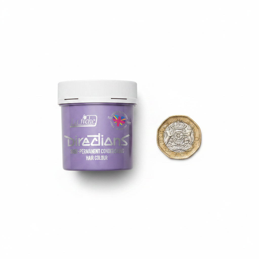 La Riche Directions Lilac Hair Dye 88ml tub beside a £1 coin showing product size scale, flat lay on white background