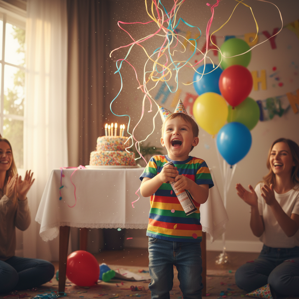 Child celebrating birthday spraying silly string with balloons in background