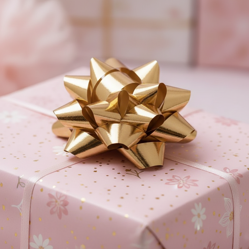 Close-up of metallic gold pull bow 31mm on a pink birthday gift box with shallow depth of field
