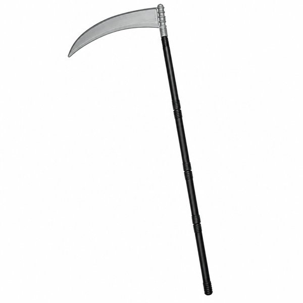 Assembled black-shaft Grim Reaper scythe with curved silver blade on white background