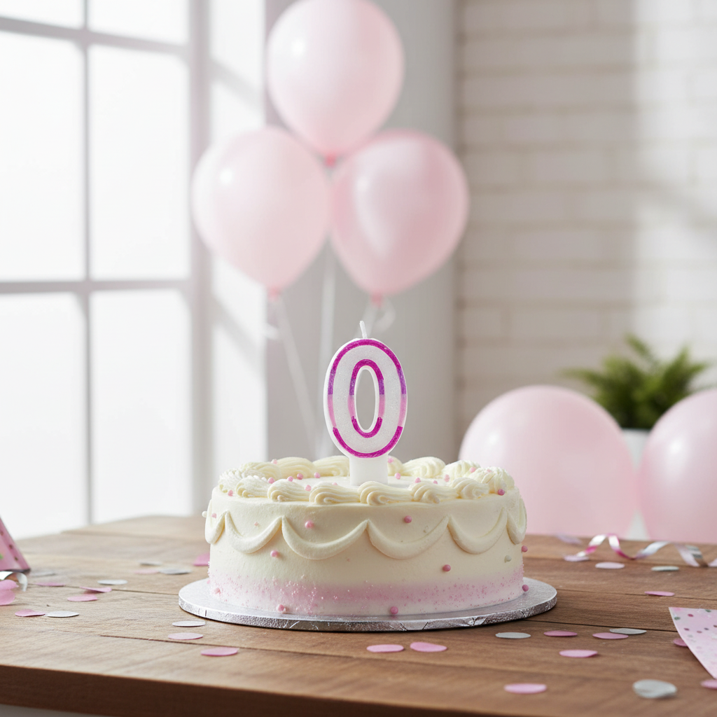 Pink glitter number 0 candle on birthday cake at decorated party table with balloons
