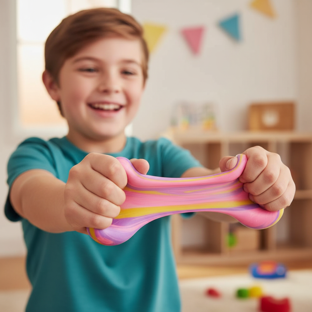 Child squeezing and stretching a pink purple yellow marble swirl sensory putty ball showing its soft squishy texture