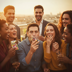 Adults at party laughing after exploding cigarette banger prank, golden hour aspirational scene