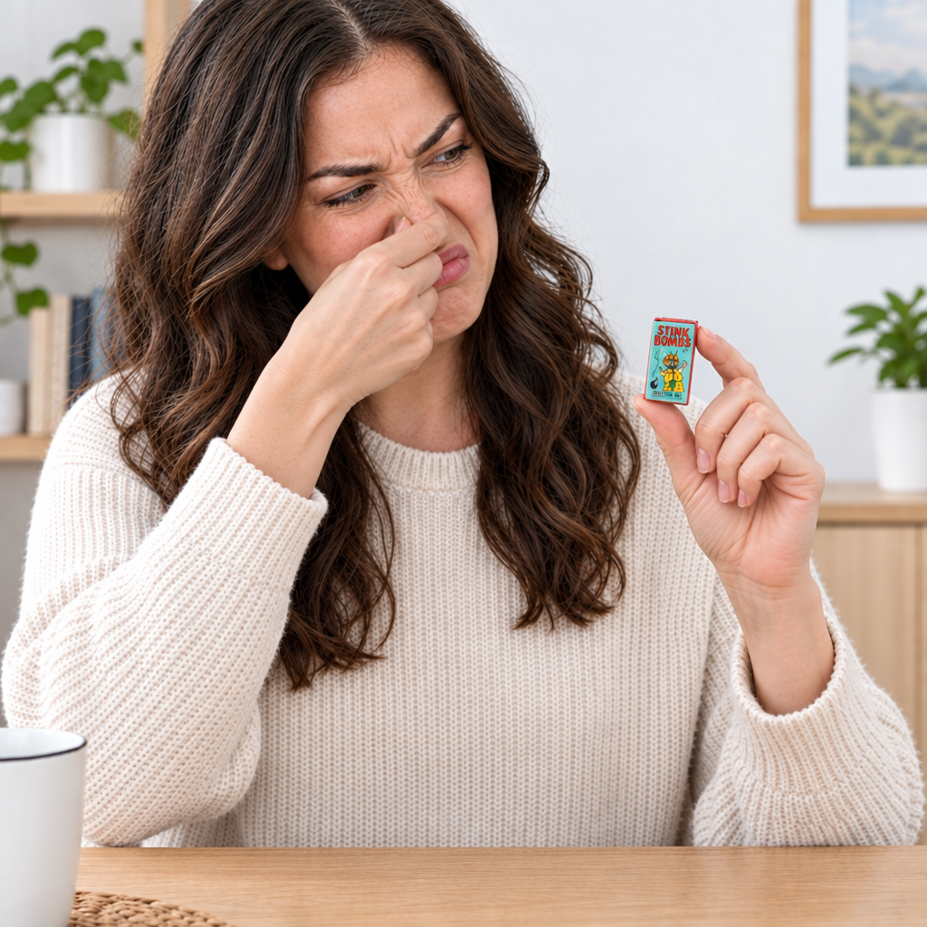 Adult woman pinching her nose with a disgusted expression while holding a small teal Stink Bombs box