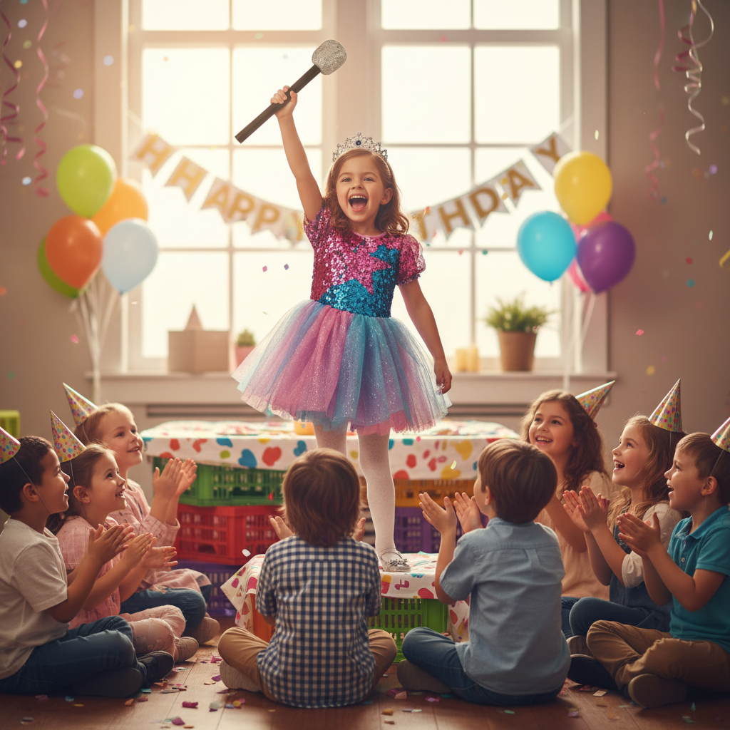 Child in pop star costume performing on stage at birthday party with silver glitter microphone, audience of children watching and clapping