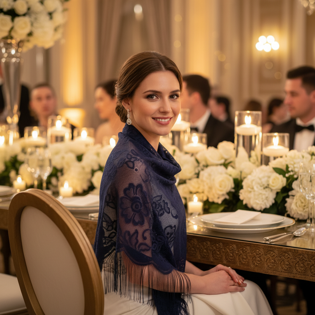 Stylish woman at an elegant wedding reception wearing a navy blue lace shawl with tassel fringe, warm candlelit atmosphere