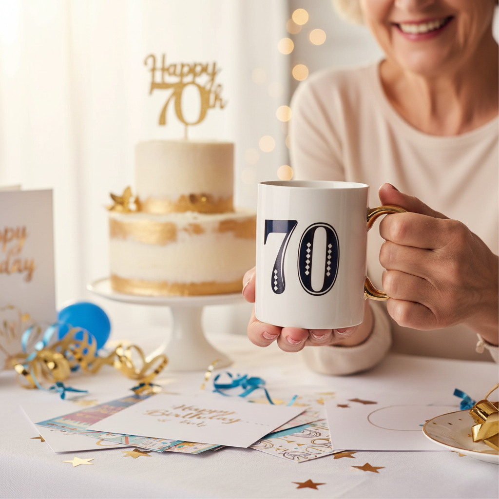 70th Birthday Celebration with Art Deco Mug at Party Table - Gift Idea