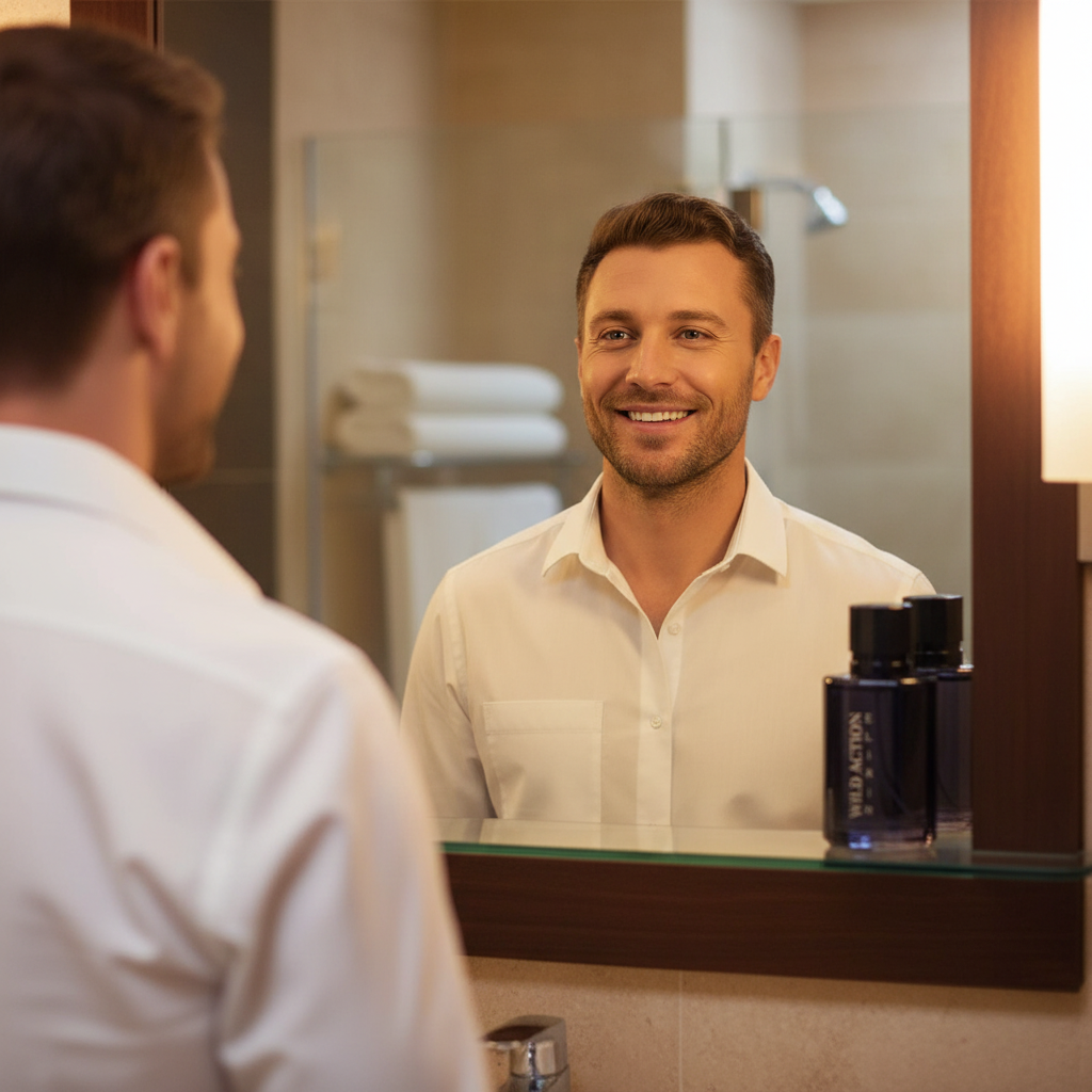 Well-groomed confident man smiling in mirror, Wild Action Elixir EDT bottle on bathroom shelf, warm lifestyle outcome photography