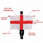 England wearable flag feature infographic showing size 5ft x 3ft, lightweight polyester, vivid print, wearable cape style