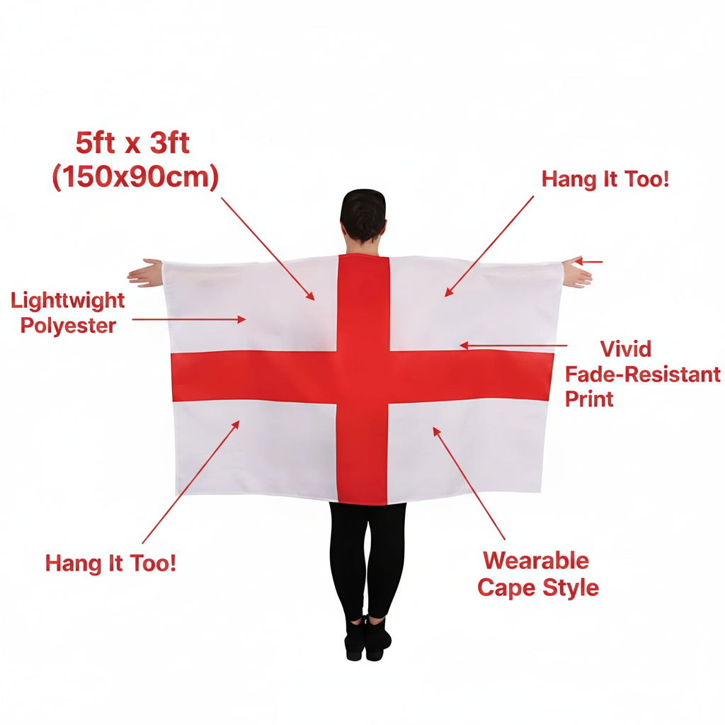 England wearable flag feature infographic showing size 5ft x 3ft, lightweight polyester, vivid print, wearable cape style