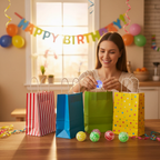 Parent placing assorted Squeezy Pearls Stress Ball Fidget Toys into colourful birthday party bags on a kitchen table