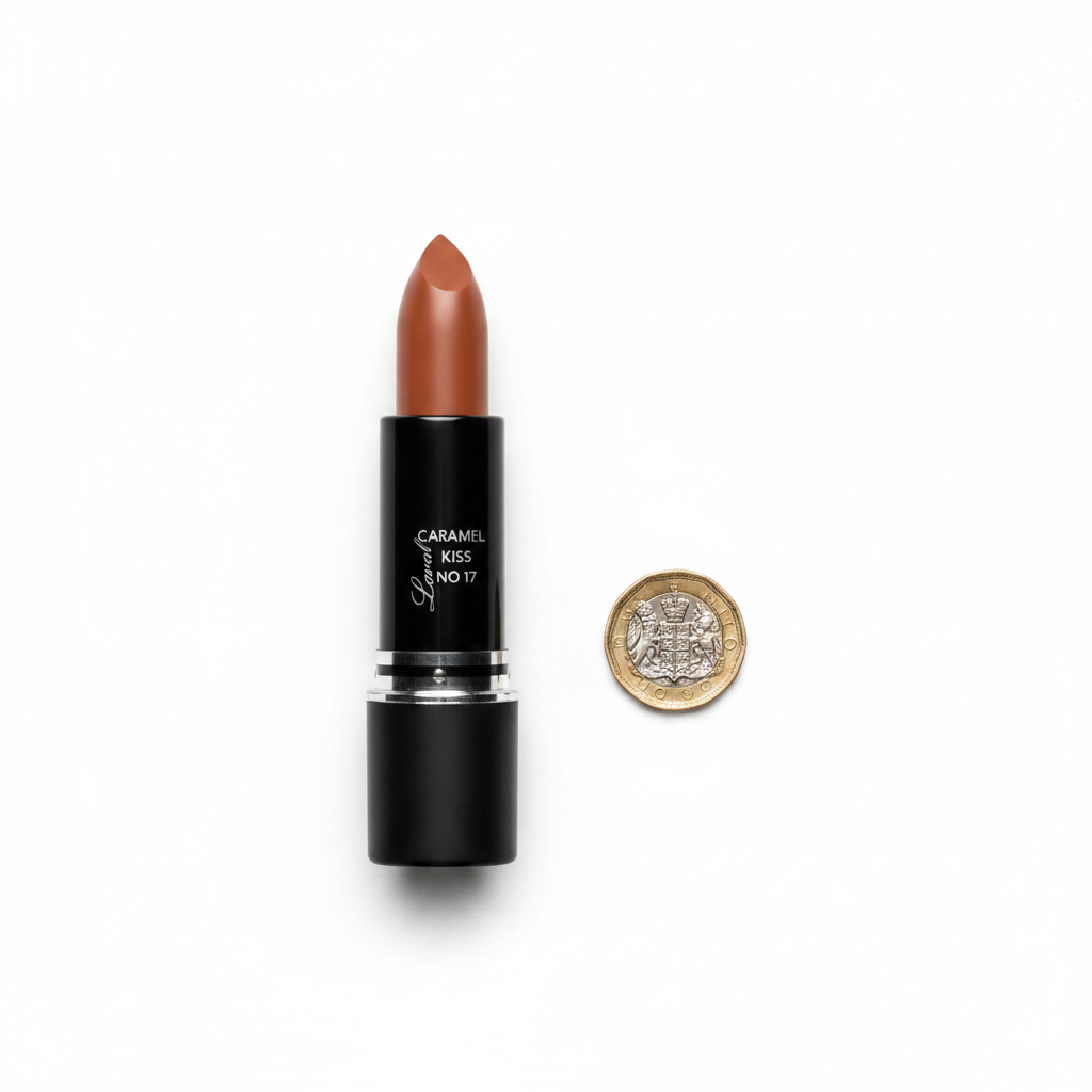 Laval Caramel Kiss Lipstick 17 matte black tube beside a £1 coin on white background showing product size