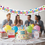 Farewell party table setup with Sorry You're Leaving stars banner, cake and decorations
