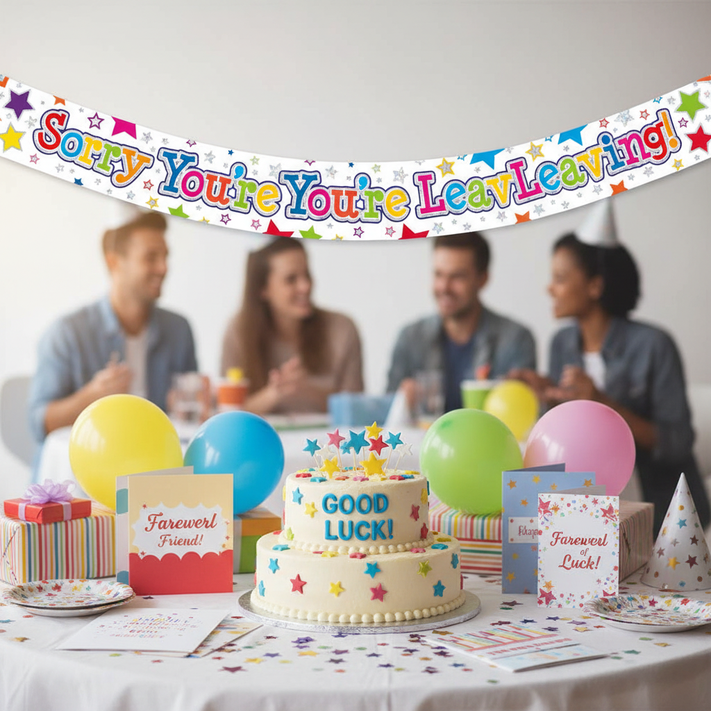 Farewell party table setup with Sorry You're Leaving stars banner, cake and decorations