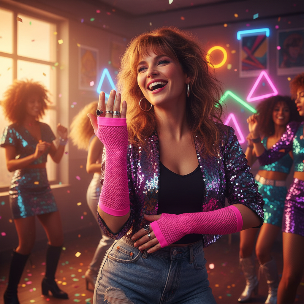 Woman at a vibrant 1980s themed party wearing neon pink fingerless fishnet net gloves with all fingers bare and exposed, laughing and dancing under neon disco lights