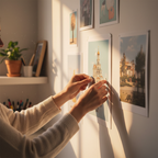 Hands mounting a poster on a wall using white tack adhesive putty at golden hour