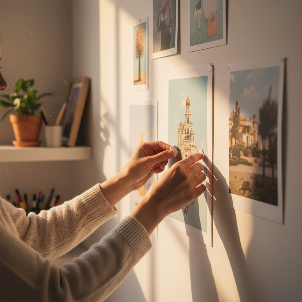 Hands mounting a poster on a wall using white tack adhesive putty at golden hour