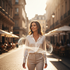 Confident woman walking in sunlit city street representing the feeling of wearing Milton Lloyd She JYUK perfume