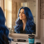 Woman with freshly coloured glossy lagoon blue hair looking in mirror, showing the vibrant result of La Riche Directions hair dye
