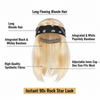 Mens 90s Blonde Rocker Wig premium feature infographic with callout labels highlighting long blonde hair, integrated paisley bandana, synthetic fibres, adjustable cap and instant rock star look