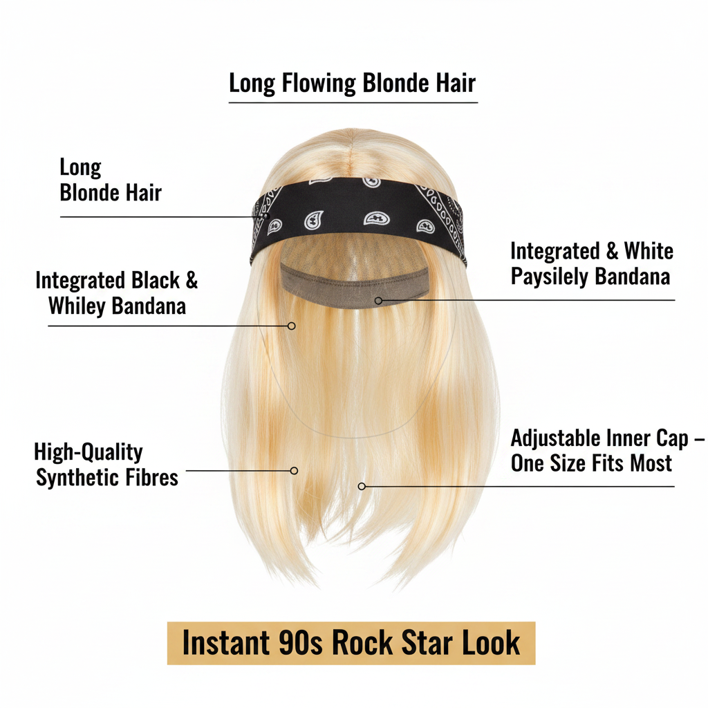 Mens 90s Blonde Rocker Wig premium feature infographic with callout labels highlighting long blonde hair, integrated paisley bandana, synthetic fibres, adjustable cap and instant rock star look