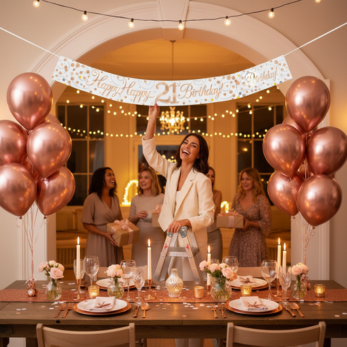 sparkling-fizz-birthday-banner-lifestyle-party-setup.jpg - Person hanging white rose gold birthday banner at elegant party celebration