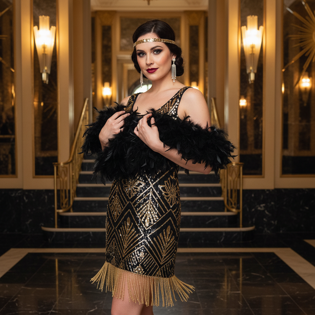 Woman in 1920s Great Gatsby fancy dress wearing a black feather boa in an art deco interior