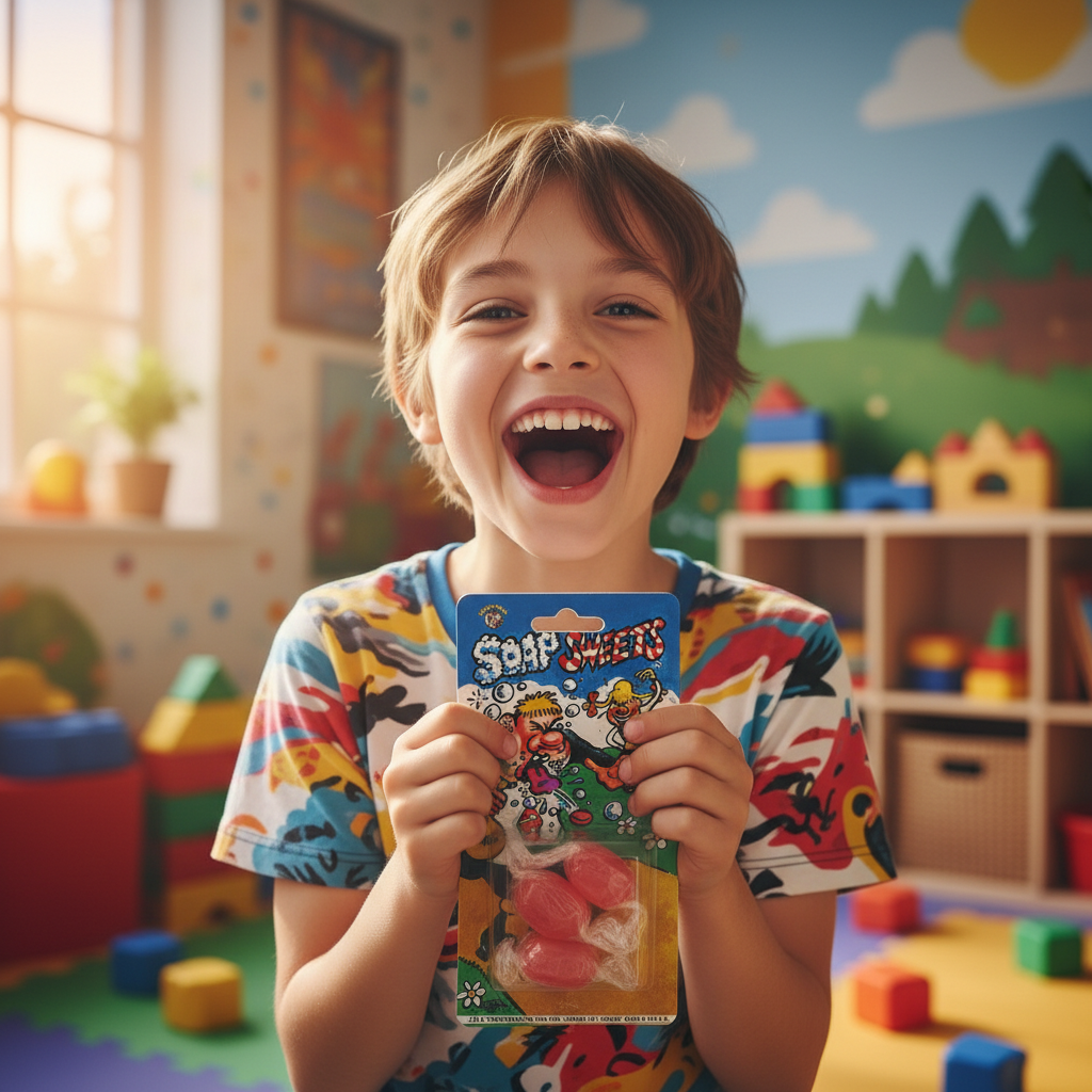Child laughing and holding Joke Soap Sweets Pack of 3 novelty prank gift