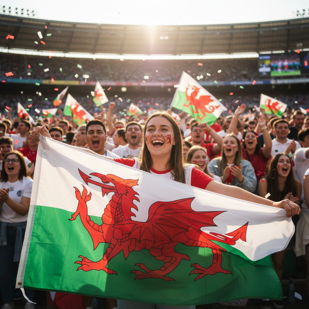 Person celebrating with Welsh Dragon flag at outdoor event showing national pride