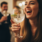 Young woman laughing and holding Art Deco 21st Birthday Gin Glass filled with gin and tonic, candid lifestyle shot