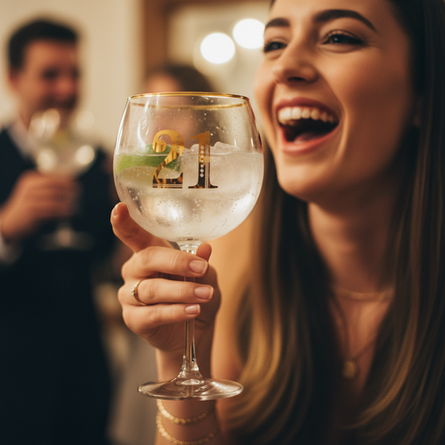 Young woman laughing and holding Art Deco 21st Birthday Gin Glass filled with gin and tonic, candid lifestyle shot