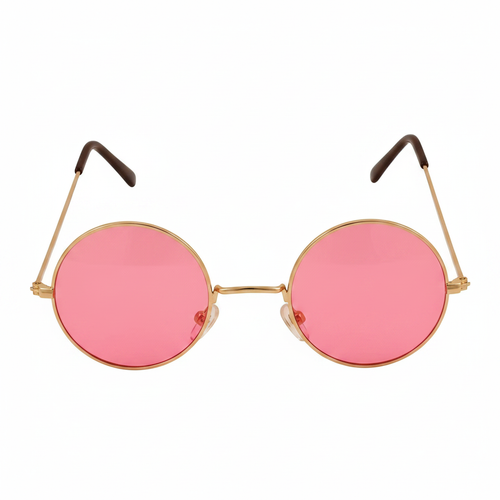 Round hippy sunglasses with vivid pink lenses and slim gold metal frame on pure white background – Amazon and eBay compliant hero shot