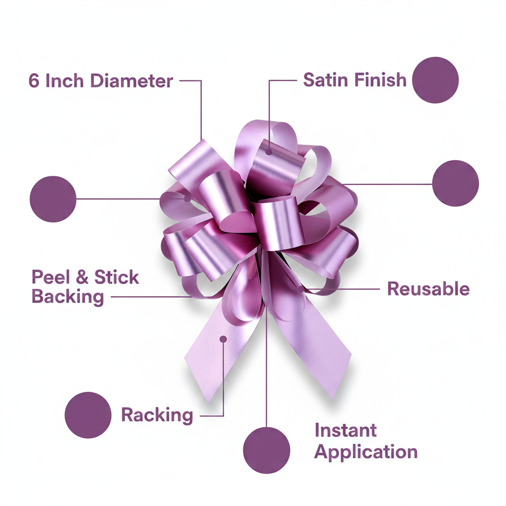 Premium feature infographic showing large pink pull bow with callout labels: 6 Inch Diameter, Satin Finish, Peel and Stick, Reusable, Instant Application