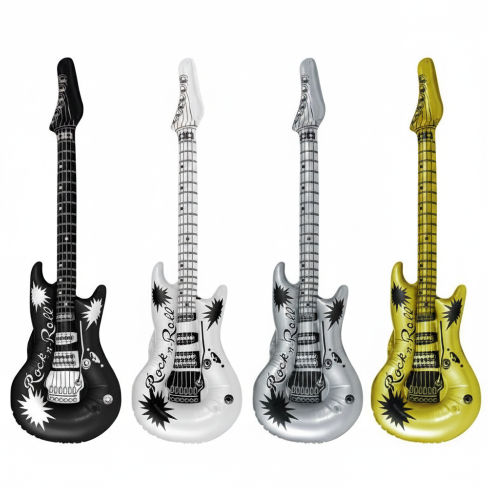 4 metallic inflatable rock n roll guitars in black, white, silver and gold on pure white background